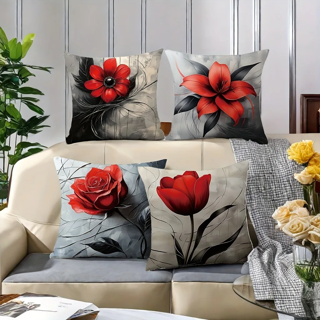 

Bold Red Floral Art Pillowcase: Modern Dramatic-Themed Cushion Cover for Chic Home Sofa Decor