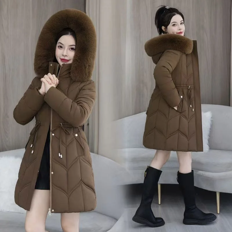 Hut abnehmbare Damen Winter lange warme Baumwolle gefütterte Jacke koreanische Version der schlanken großen Pelzkragen gepolsterte Baumwolle gefütterte Jacke