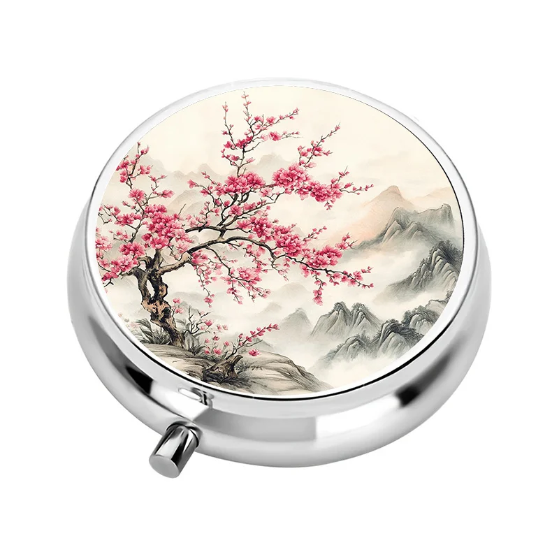 1 Pink Cherry Blossom Mountain Scene Themed Pill Box, 3-Compartment Mini Pill Container, Pill Organizer, Unique Gift Travel Style