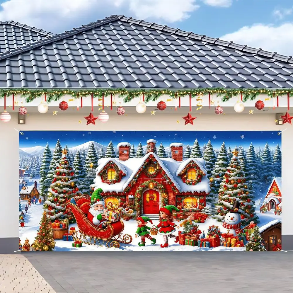 

7x16ft Christmas Garage Door Cover with Santa, Snowman, and Winter Decorations for 2-Car Garage