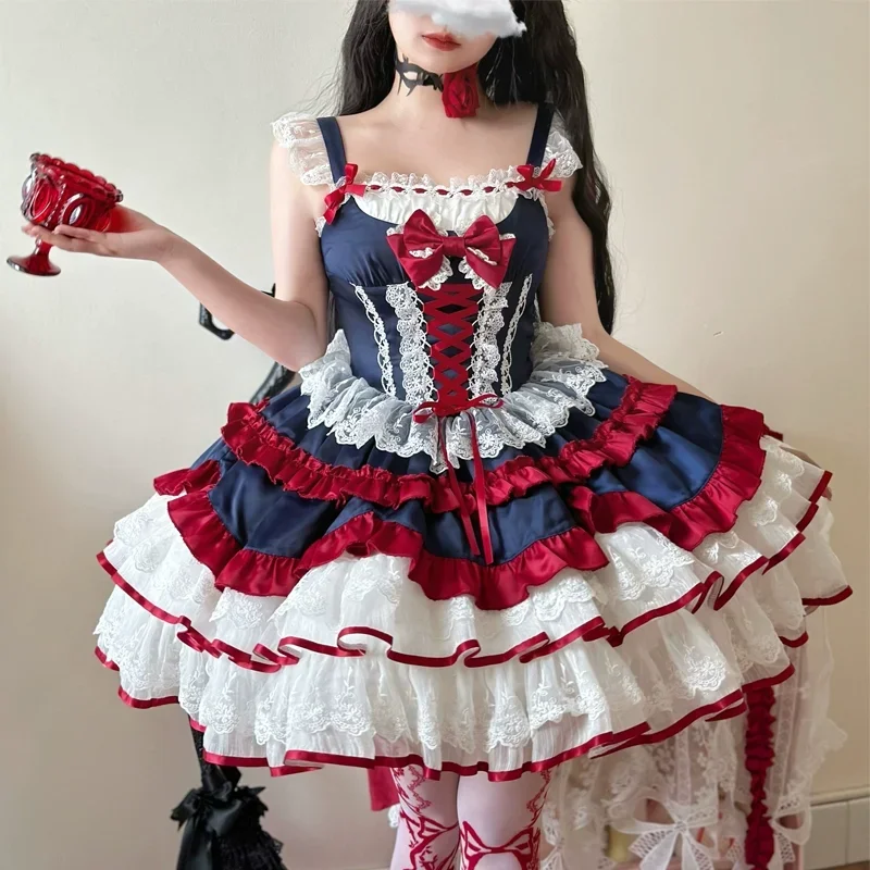 Japanese Style Sweet Lolita Jsk Dress Women Kawaii Lace Ruffles Bow Bandage Slim Princess Dress Girls Y2k Tea Party Mini Dress