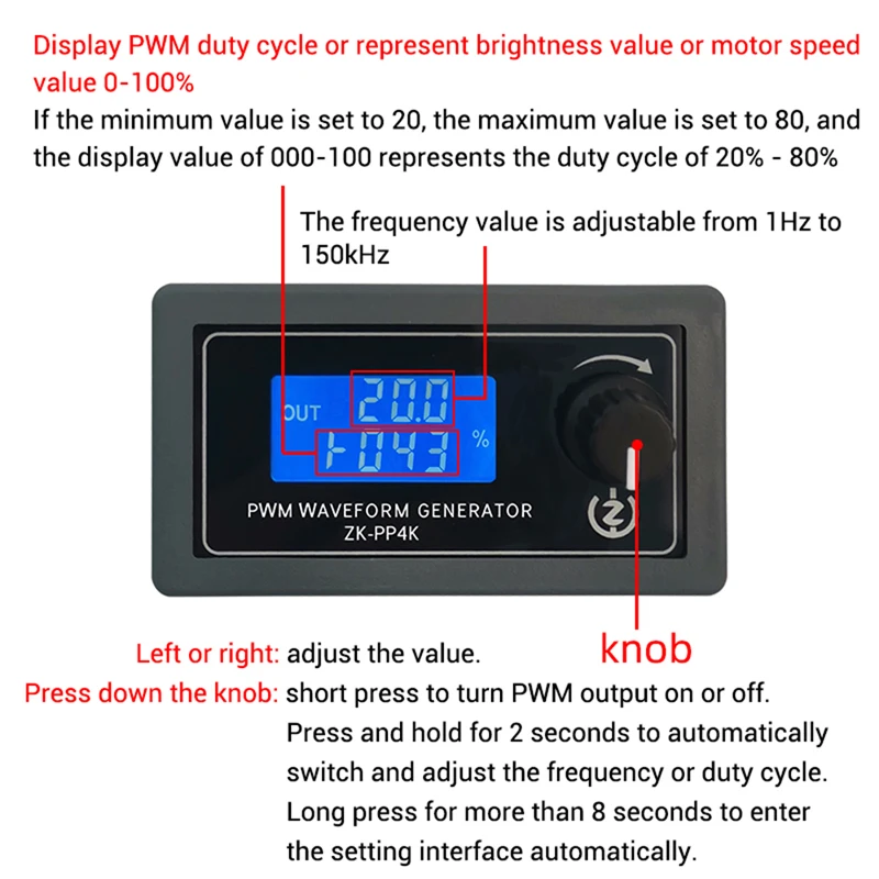 ZK-PP3K ZK-PP4K LCD PWM Waveform Generator 1Hz-150KHz PWM Pulse Frequency Duty Cycle Adjustable Pulse Generator