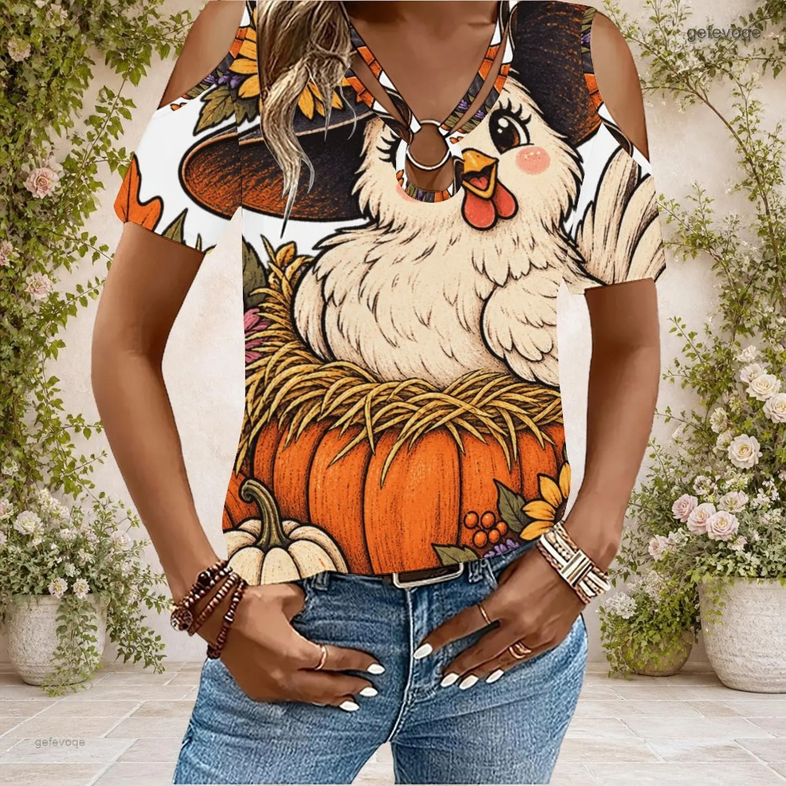 Women Cold Shoulder Short Sleeve T Shirt V Neck O Ring Keyhole Cutout Loose Casual Top Custom Print Ladies Daily Blouse