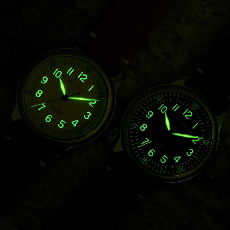 Baltany Men Pilot Watch Sport 38mm Automatic Watches Mechaical Wristwatch Military Bubble Sapphire 200M Waterproof Luminous NH38
