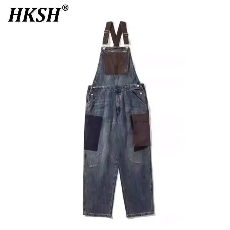 

HKSH Spring Summer Men Tide Punk Spliced Safari Style Overalls Color Contrast Jeans Y2K High Street Retro Women Jumpsuit HK4286