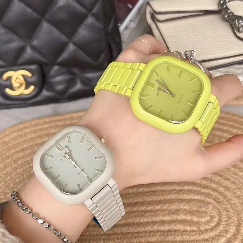 Fashionable Young Girls Like Candy Colored Steel Strip Square Quartz Watches, Casual Waterproof Sports Large Dial Watches