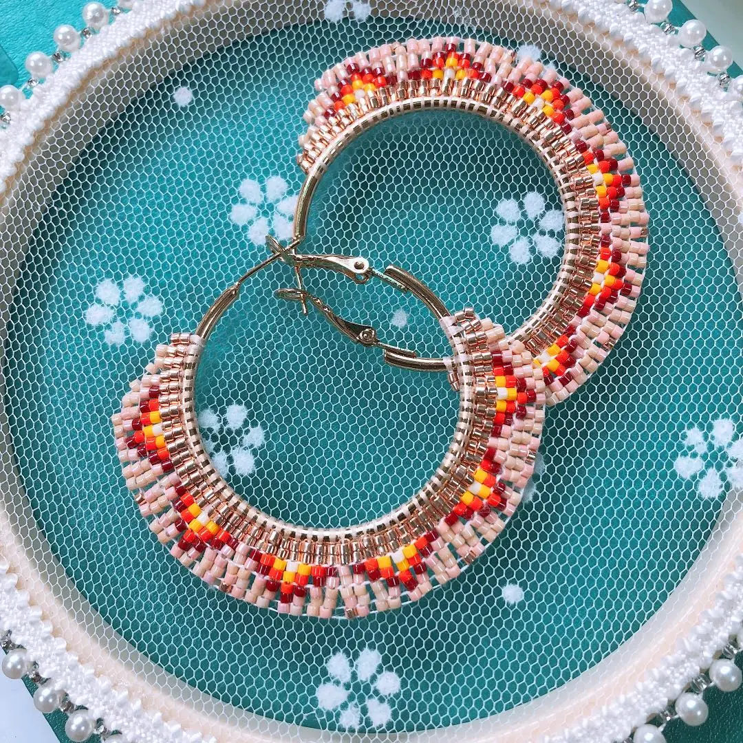ZGMXR Rice bead earrings The Big Circle Fashion Personality Contracted Hand I knit Bohemia Alloy Female Beaded earrings