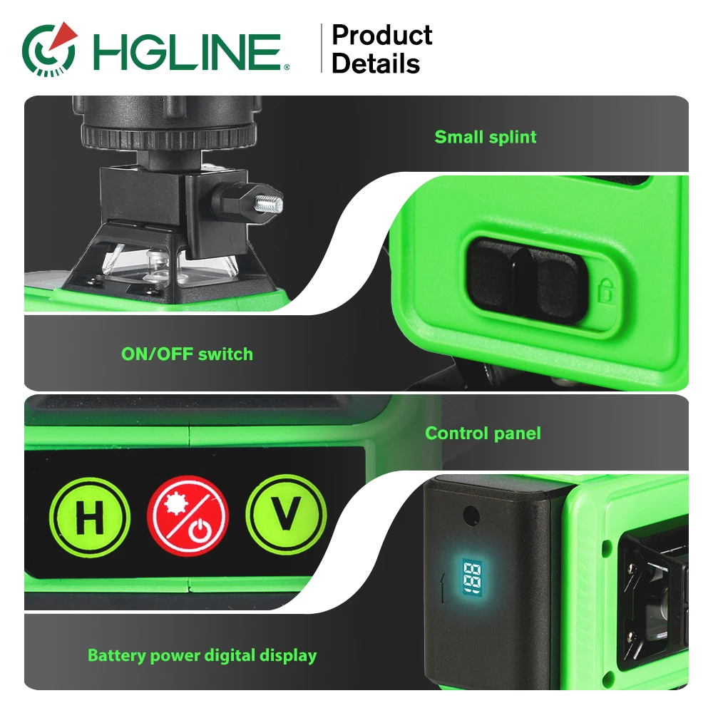 HGLINE Mini 4D/3D 16/12 Lines Laser Level Cordless 4x360° Cross Self-Leveling Measurement Construction Tool With 2pcs Batteries