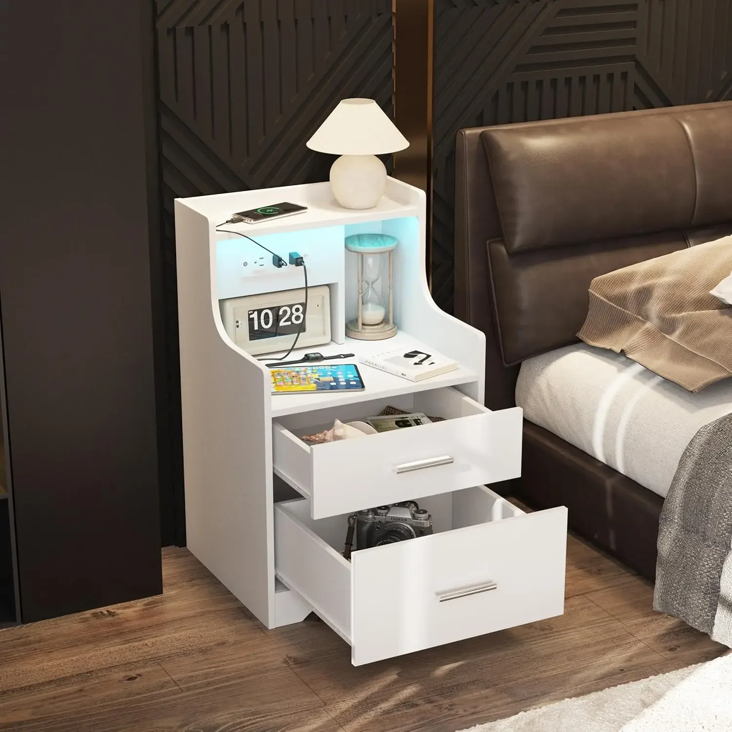 Nightstand with Charging Station & LED Lights, White Nightstand with 2 Drawers and Open Storage, Bed Side Table Night St