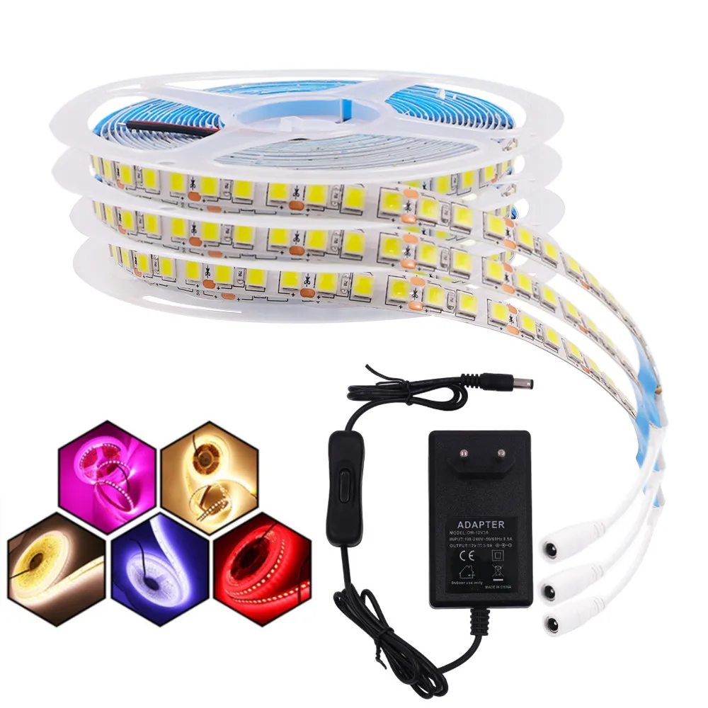 12V 5054 LED Strip Light With ON OFF Switch Power 120LEDs/m Super Bright Flexible Waterproof Tape Lamp Rope EU US UK AU