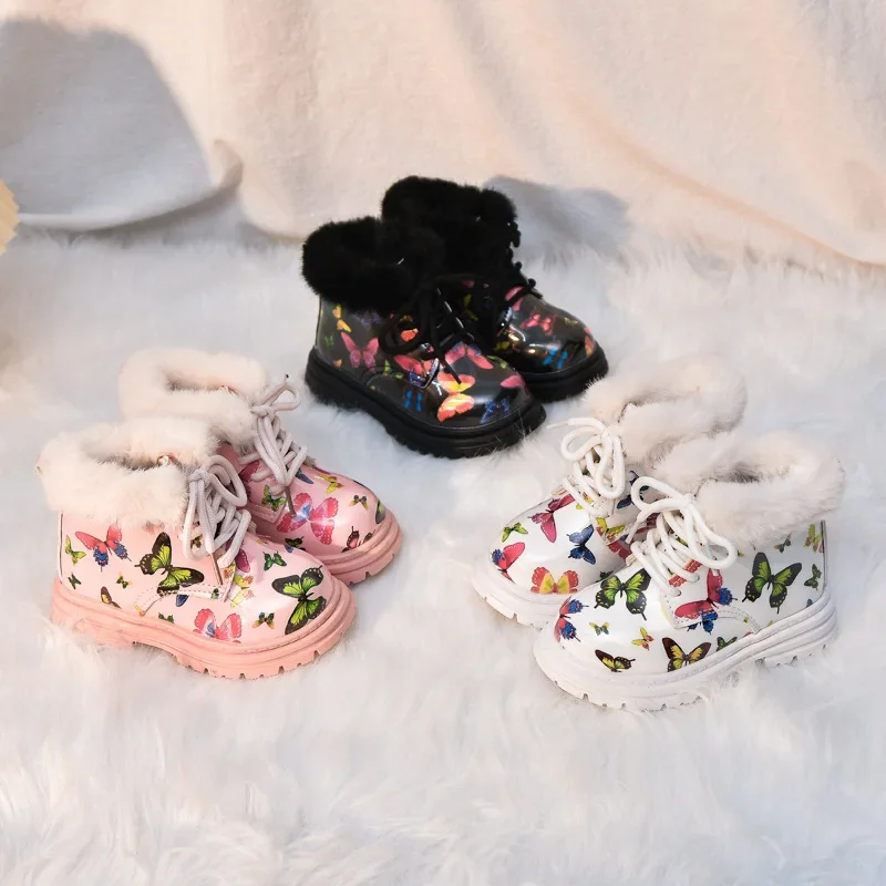 Girls Short Boots with Cute Butterfly 2024 Winter New Fashion Kids Princess Boots with Fur Sweet Girls Leather Boots Non-slip