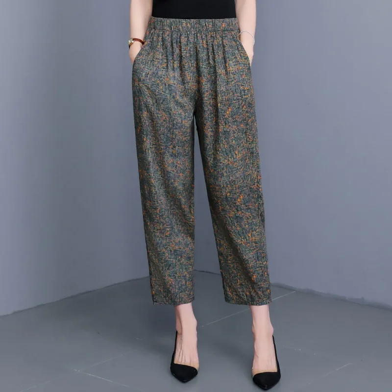Women Printed Cotton Cropped Pants Elastic Waist Loose Casual Trousers