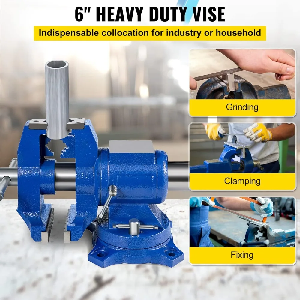 

6 Inch Heavy Duty Bench Vise 360° Rotating Swivel Base 30Kn Clamping Force Pipe Vise for Industrial Home Use