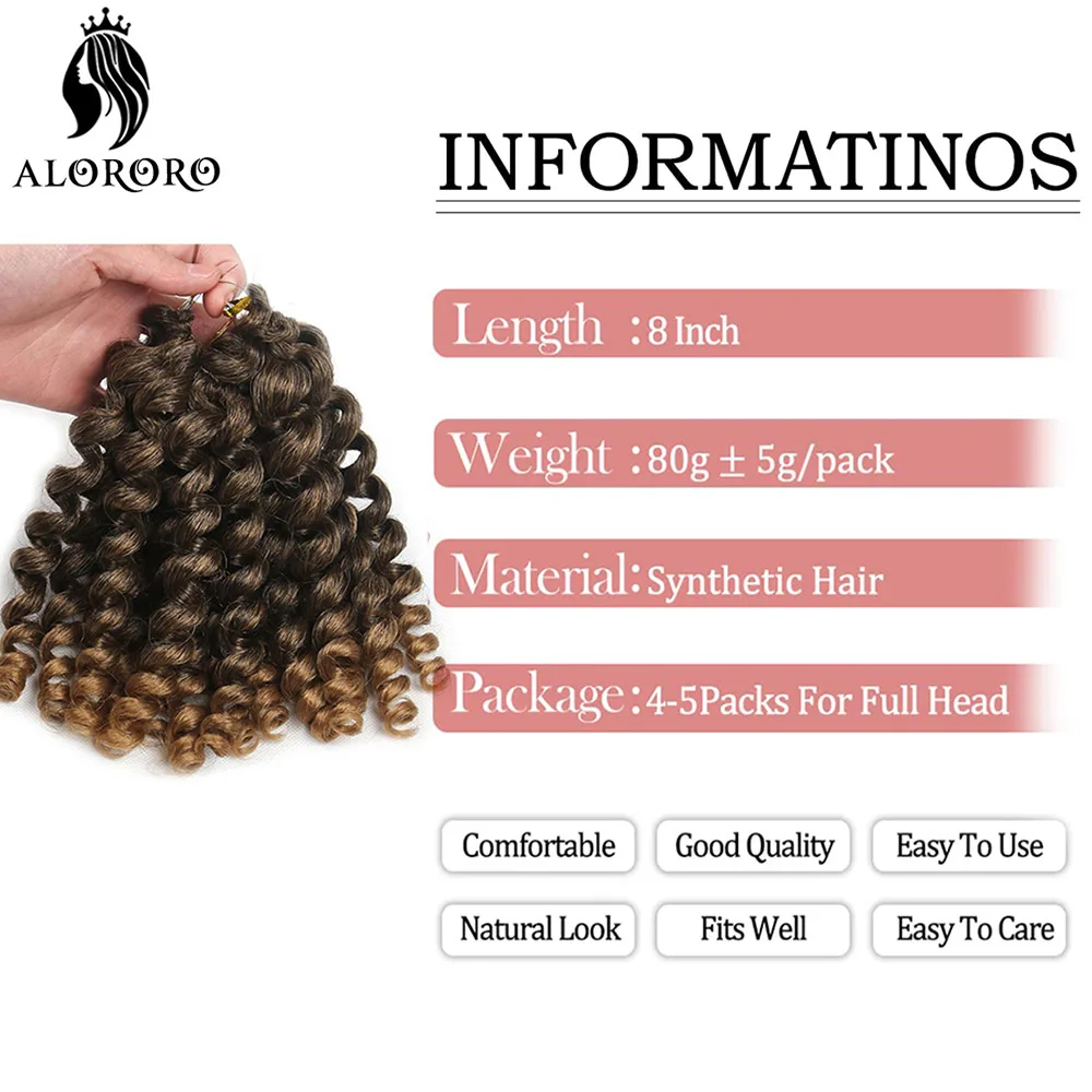 Sintético Curly Crochet Twist Cabelo, Wand Curl, Cabelo curto, Ombre Jumpy Trança, Extensões de cabelo preto, Bounce jamaicano, 8"