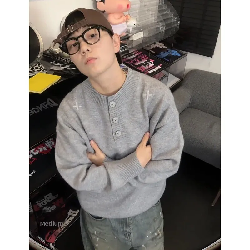 

Hong Kong Sle Men's Knitted Sweater Henry Collar Embroidery Autumn Winter Simple Faionable Long Sve round Ne Pullover