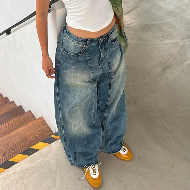 Deeptown Vintage Oversized Blue Jeans Woman Y2k Casual America Retro Baggy Denim Pants Basic Harajuku Wide Leg Trousers Summer