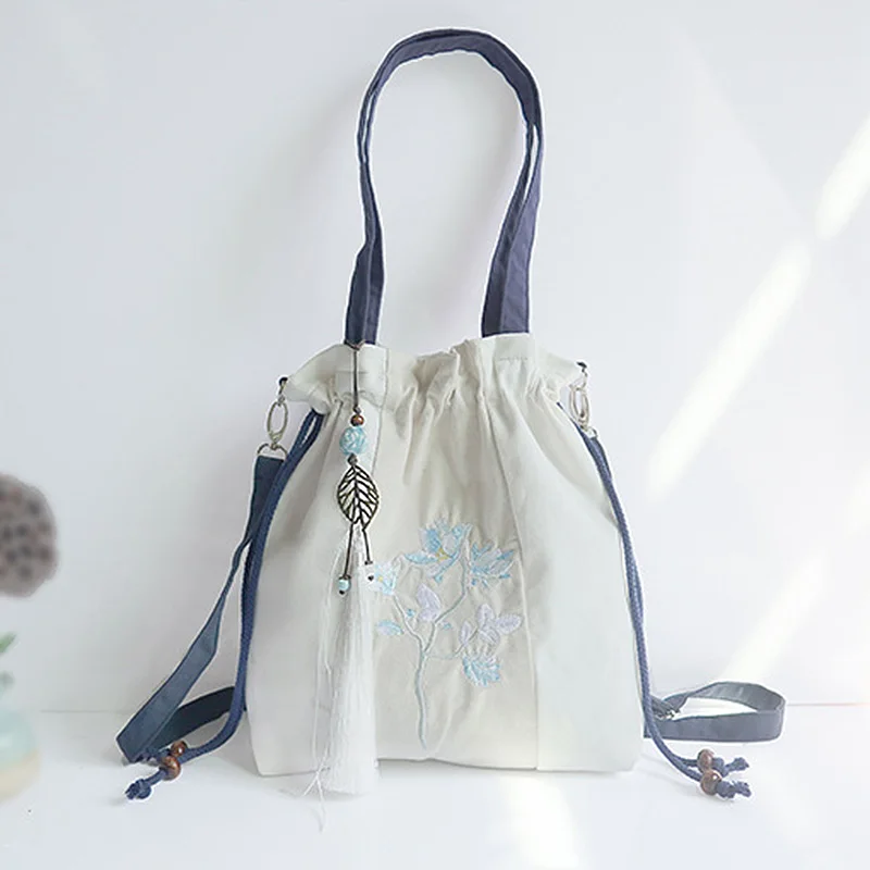 Chinese Style Hanfu Handbag Literary Vintage Flower Embroidery Shoulder Bag Ancient Style Messenger Bag Drawstring Purse