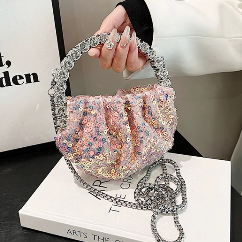 Bolso de lujo con lentejuelas para mujer, bandolera pequeña con pliegues incrustados de diamantes, novedad de 2024