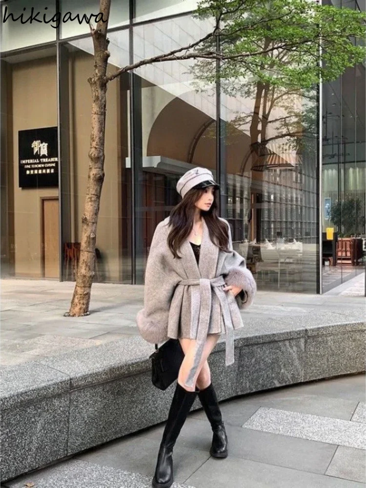 Fashion Coats for Women Patchwork Furry Long Sleeve Bandage Outwear Korean Y2k Clothing Korean Temperament Solid Color Jackets