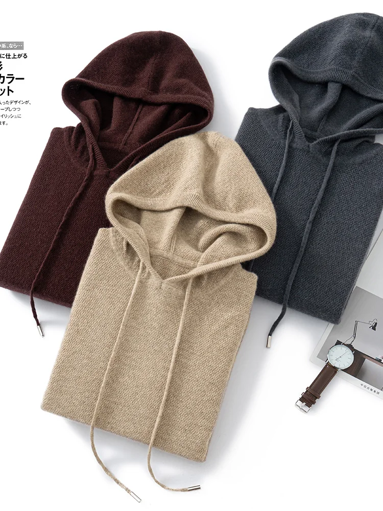 

Aliselect Men's Hoodie Pullovers 100% Cashmere Sweater Autumn Winter Basic Casual Style Jacket Cashmere Knitwear Korean Tops