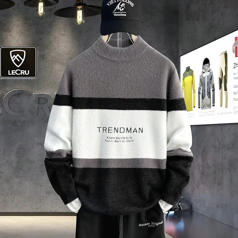 Letter Embroidery Warm Sweater Men 2024 Casual Patchwork Knitted Pullovers Male Round Neck Sweaters Streetwear Men Pullover Tops