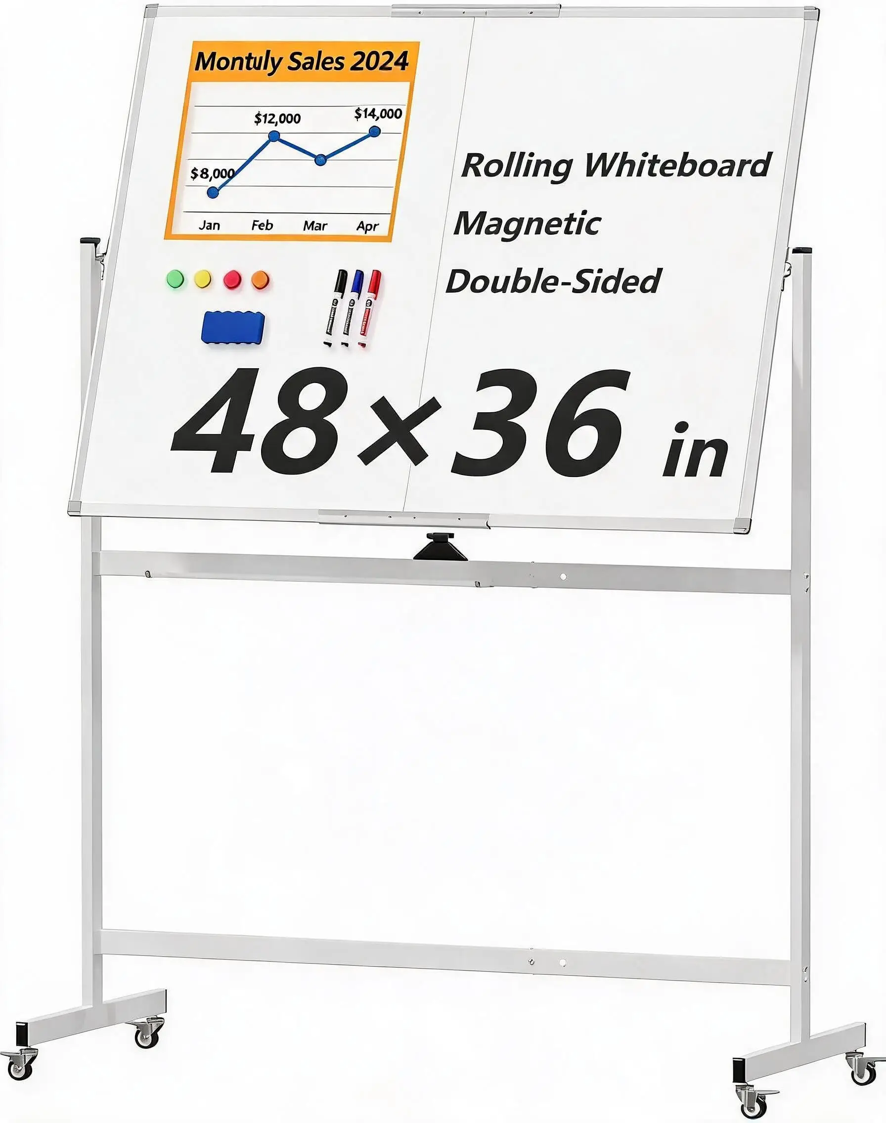 Double-Sided Rolling Magnetic Whiteboard on Wheels – Portable Dry Erase Board Easel – Height Adjustable, Easy to Clean & Turn, Ideal for Office, Study Area, School or Home – Large Writing Surface