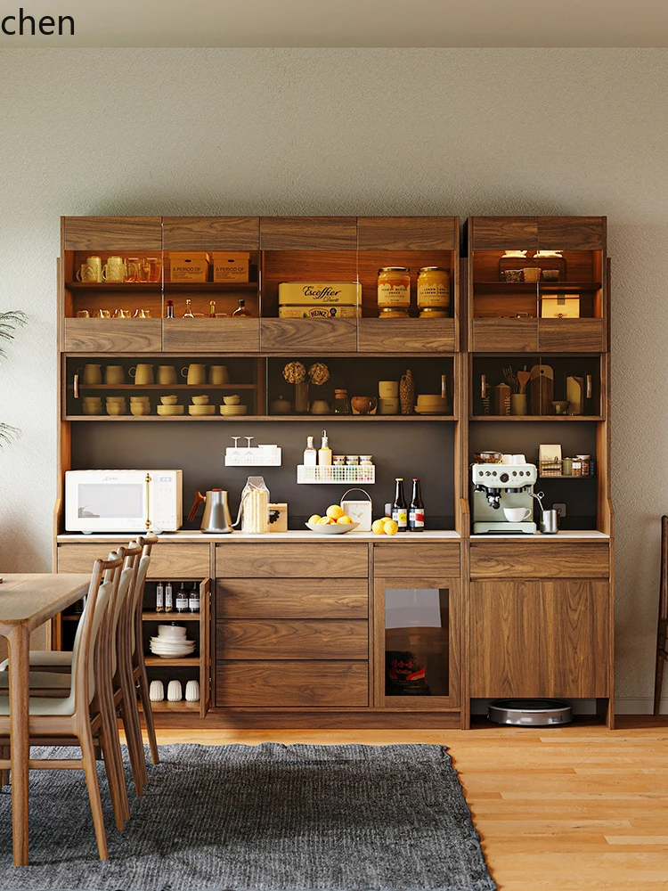 HXL Black Walnut Sideboard Wall-Mounted Solid Wood High Cabinet Storage Tea Cabinet