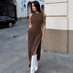 SKMY Women Clothing Solid Color Round Neck Sleeveless High Waist Pleated Backless Elegant Evening Party Long Dresses Clubwear