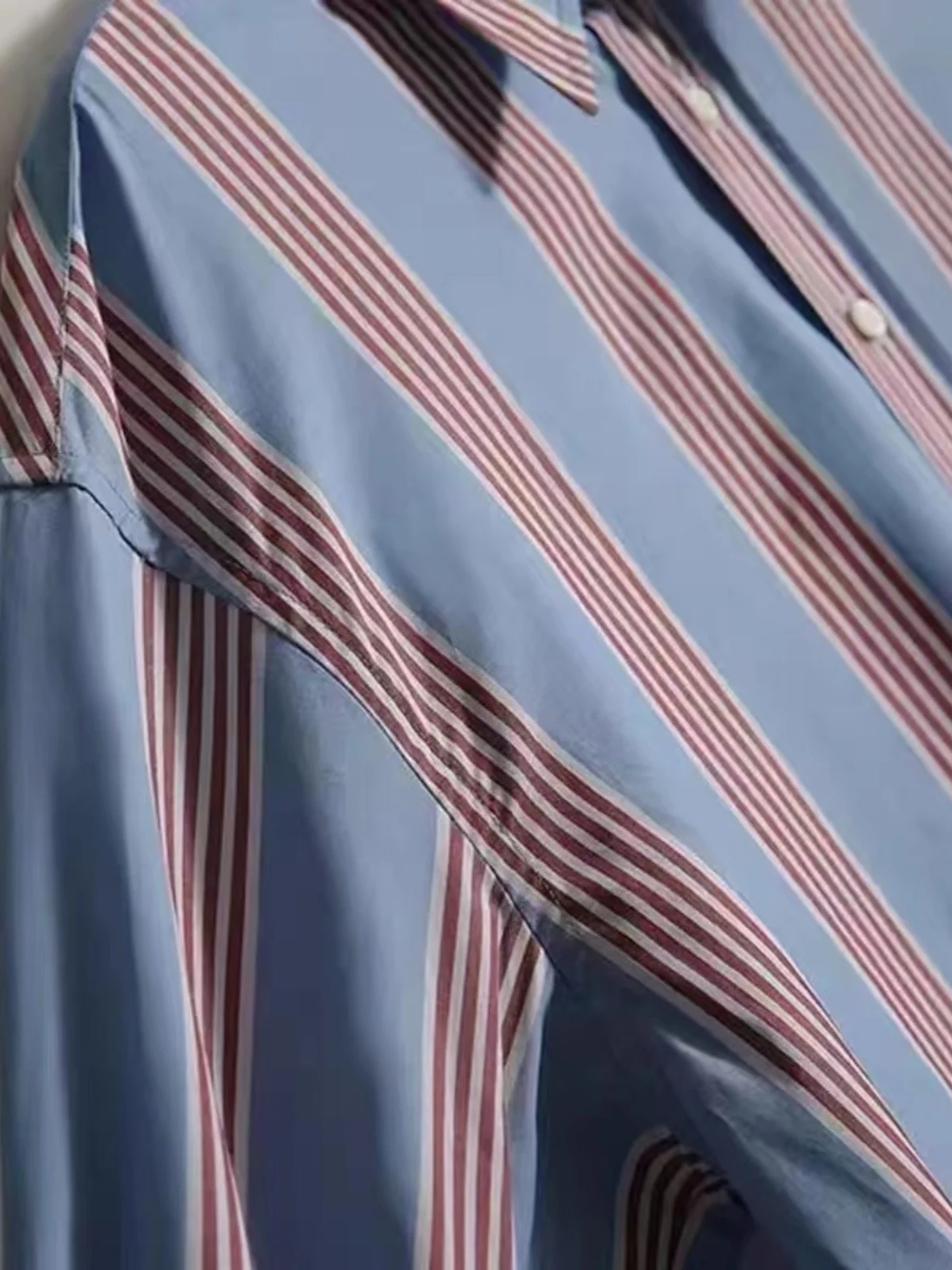 

Faionable Striped Midi irt Women's Clothing Tagl Collar Long Sve Loose Fit Commute Sle Polyester Blend