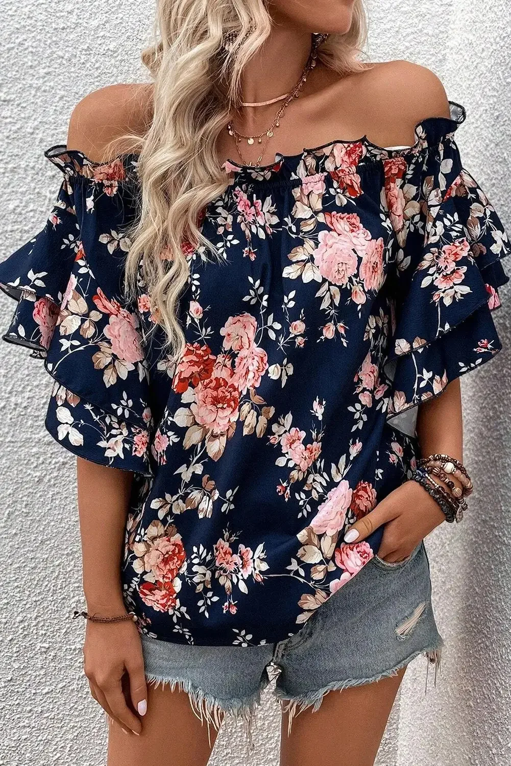 2024 Spring/Summer New Print One Line Collar Chiffon Top Lotus Leaf Sleeve T-shirt Women's Wear Aesthetic Clothes