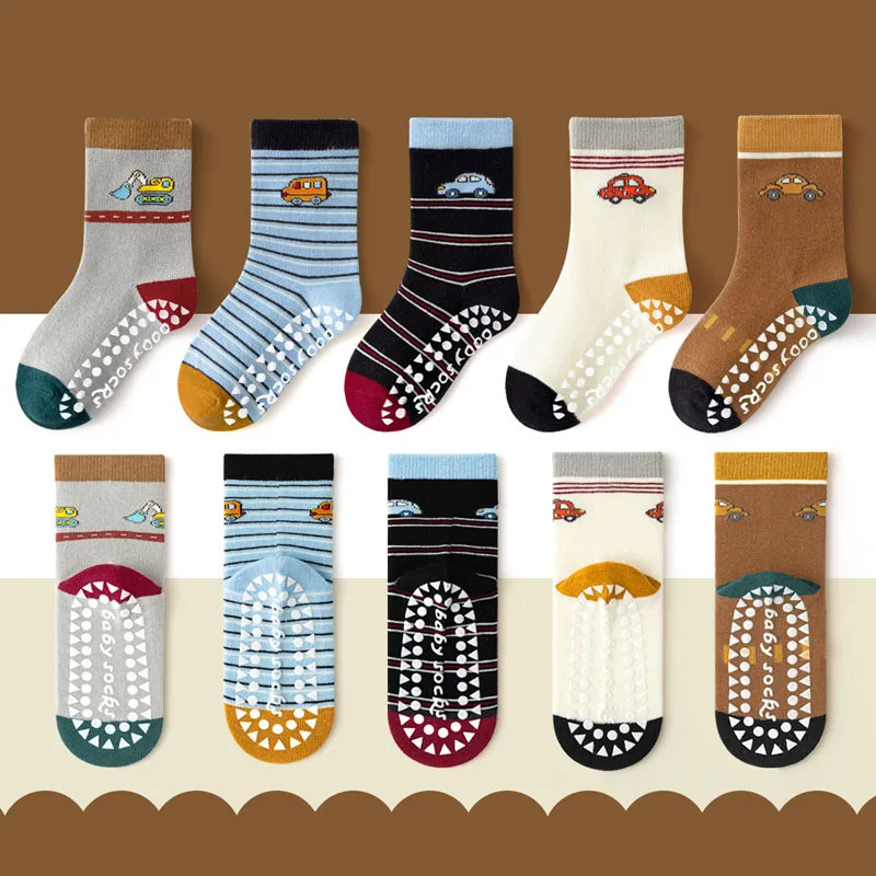 5 Pairs Boys Non-Slip Socks Set Cute Cartoon Car Bus Excavator Stripe Pattern Comfortable Breathable Kids Baby Floor Socks
