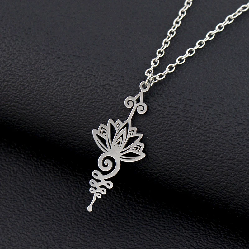 Skyrim Unalome Lotus Flower Pendant Necklace Stainless Steel Gold Color Chain for Women Yoga Buddhism Spiritual Jewelry Gift