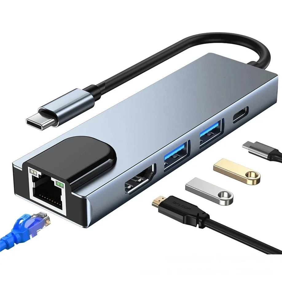 สถานีเชื่อมต่อ FC&EC 5 พอร์ต USB C แบบ Type C เป็น HD 4K/RJ45 100M Splitter USB 3.0 5Gbps ความเร็วสูง อะแดปเตอร์ USB C HUB สำหรับแล็ปท็อปและ Mac