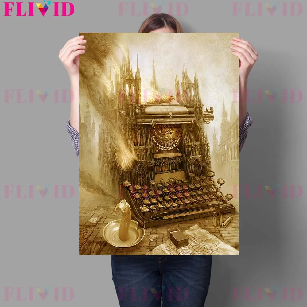 Surreal Magic World Vintage Wall Art Canvas Painting Vampire Haunted House And Typewriter Castle Art Poster And Print Home Decor