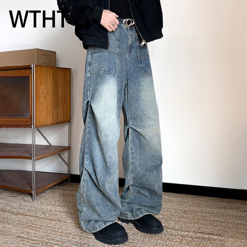 

WTHT Vintage Men's Gradient Do Old Pleated Denim Pants Fashion 2025 Autumn American Style Wide Leg Casual Jeans Male 2A2440