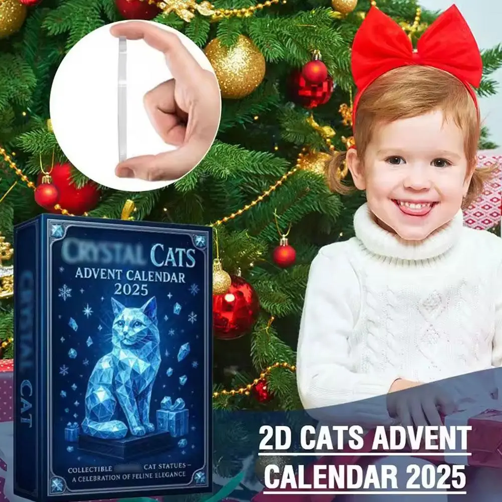Cat Christmas Countdown 2025 Crystal Cat Advent Calendar 2D Acrylic Cute Crystal Kittens Decorations Cat Collectible Figurine