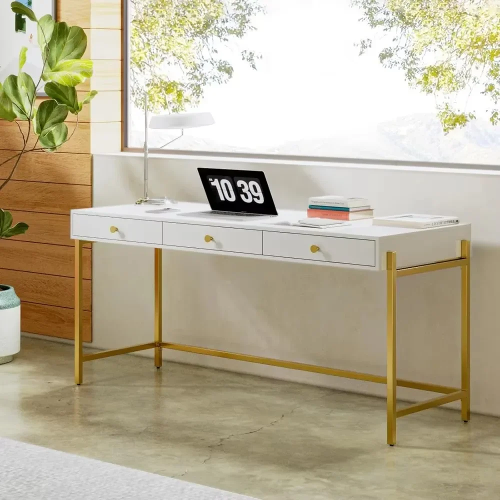 62inches Writing Desks with 3 Drawers, Modern White and Gold Desks, Make Up Vanity Desk,Office Desk