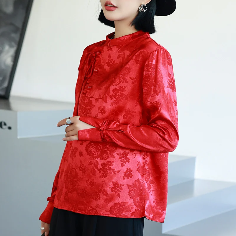 Chinese Style Woman Shirt Imitation Silk Jacquard Shirt Buckle Stand Up Collar Red Top Long Sleeve Vintage Women's Clothing