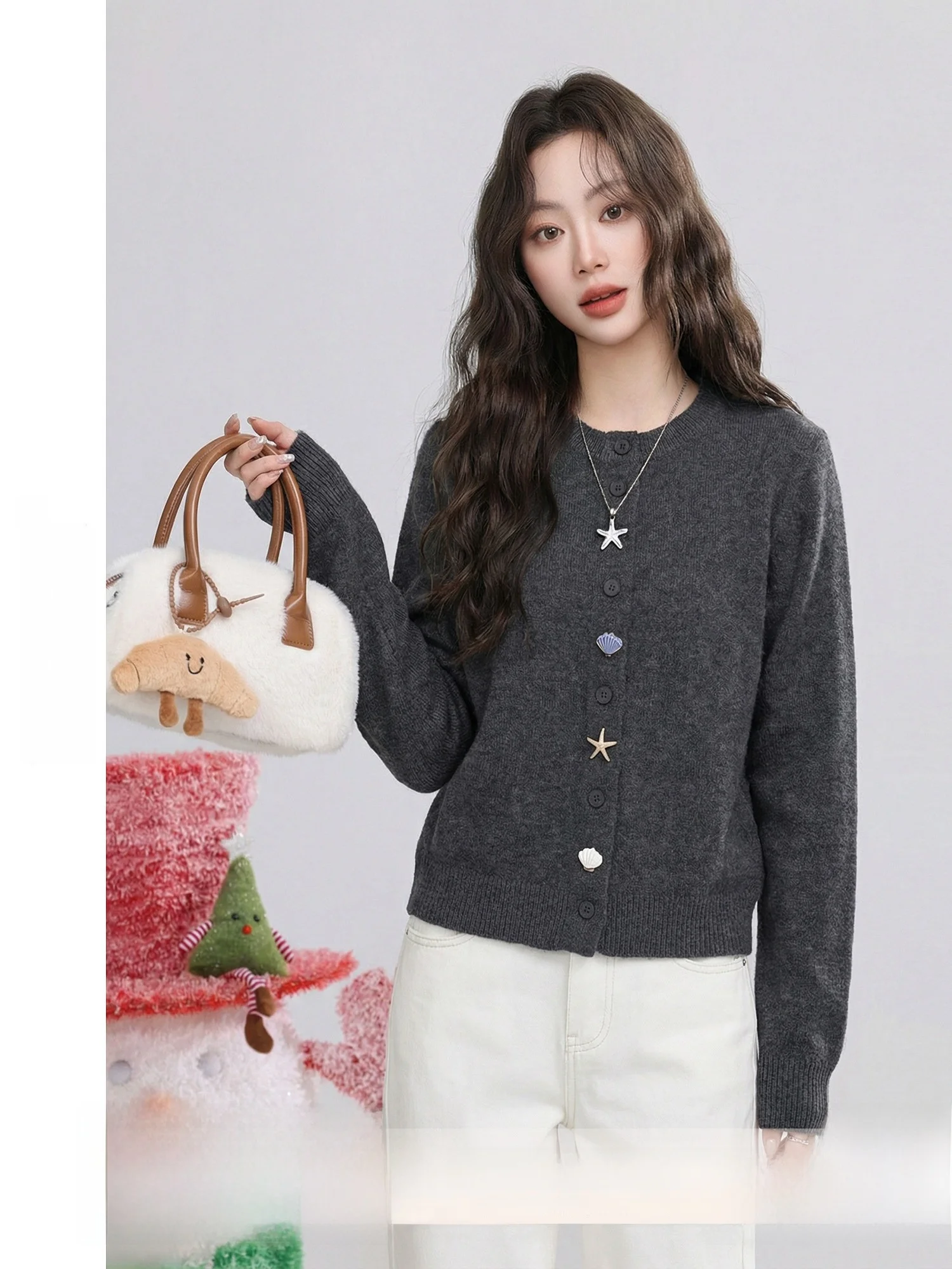 

Winter New ell Decoration Sweater Soft Polyester Long Sve round Ne Cardigan Girls Daily Wear Vintage Sle Pure Color