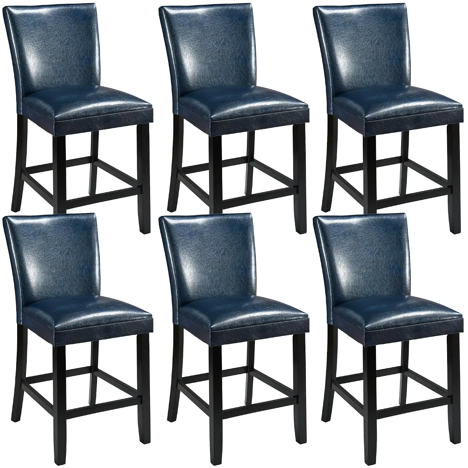 24 Inch Bar Stools Set of 6, Faux Leather Kitchen Barstools with High Backrest & Wood Footrest, Armless Bar Chairs, Customized