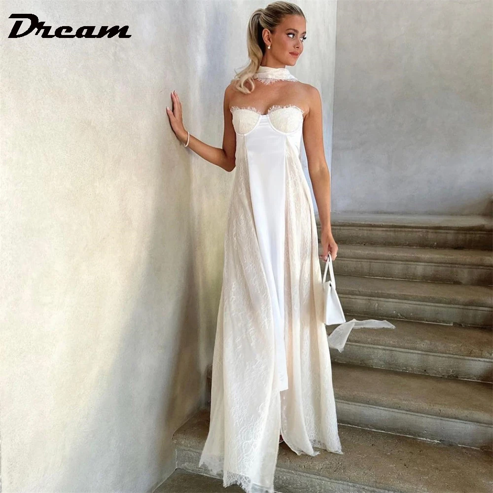 

DREAM A Line Strapless Scarf Sweetheart Wedding Dress For Women Sleeveless Lace Satin Modern Patchwork Bridal Gowns