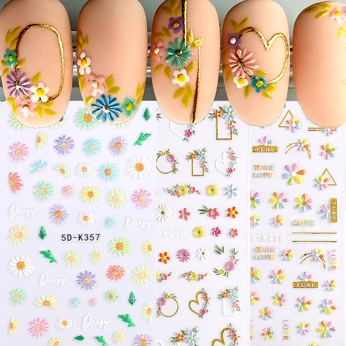 Colorful Floral Nail Stickers | Gold-Bordered Daisy and Heart Designs, Self-Adhesive, Embossed PET Material, Spring/Summer Nail
