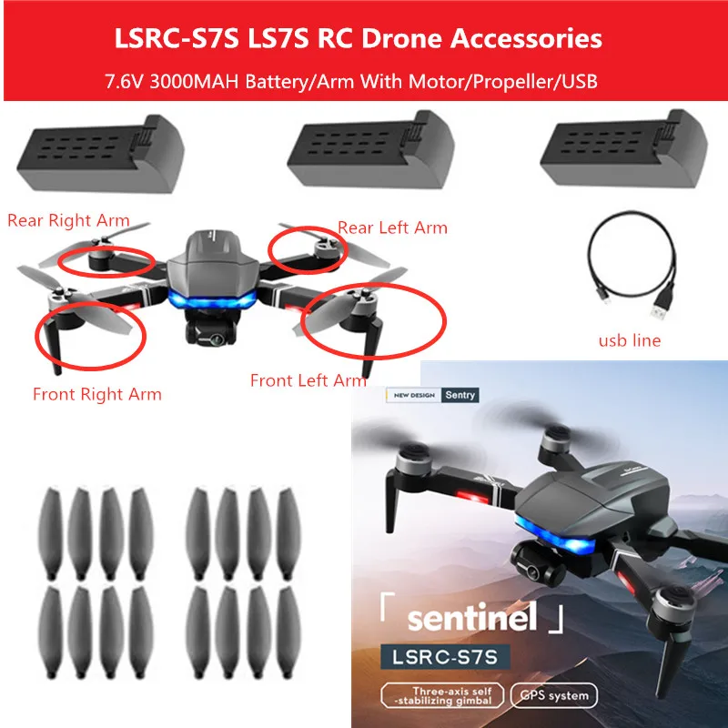 LS7S Drone Battery LSRC-S7S Drone Battery Accessories 7.6V 3000mAh Battery/ Propeller / USB Line//Arm For LSRC-S7S Dron parts