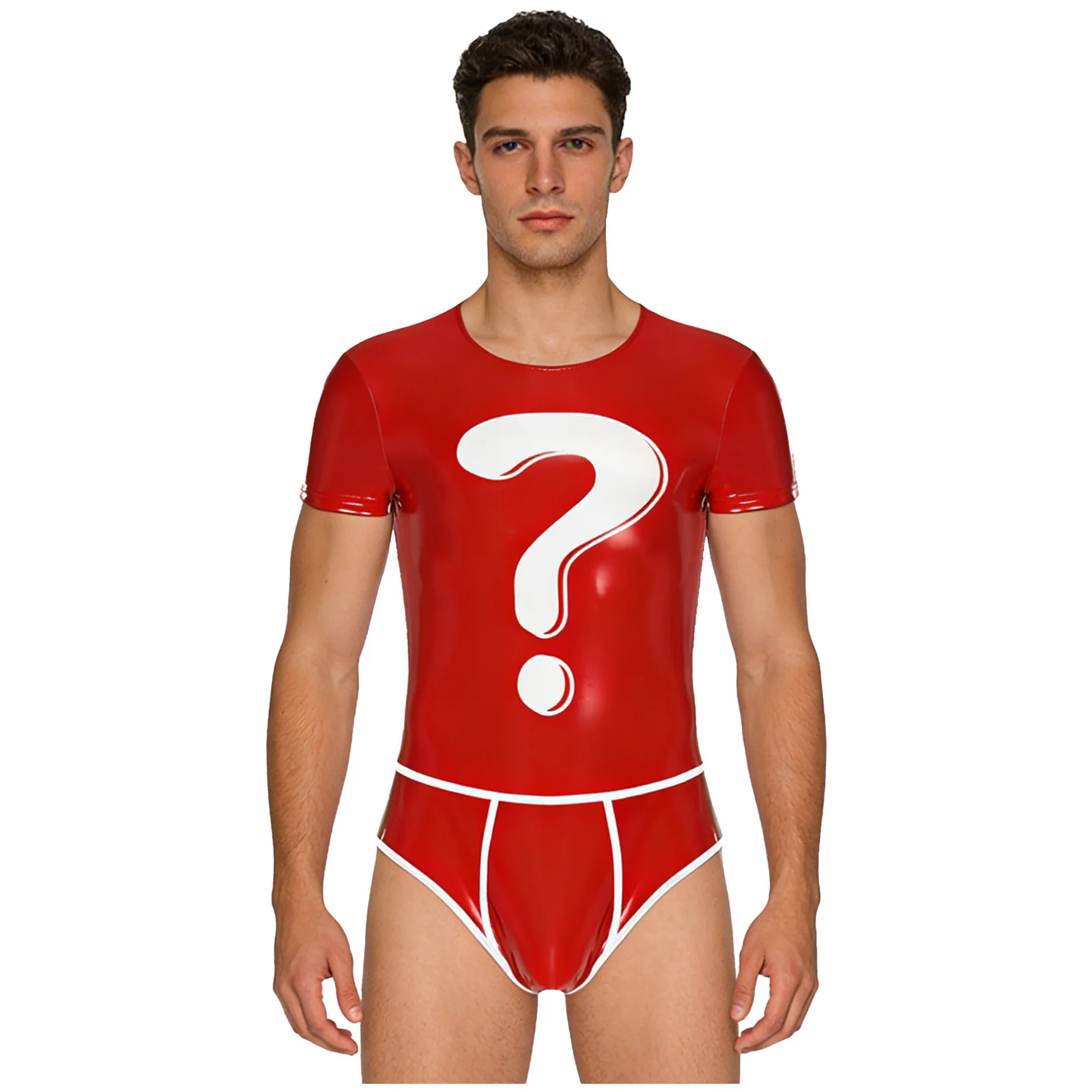 

Mens Glossy Question Mark Graphic PU Bodysuit Short Sleeve Bulge Pouch Bodycon Leotard Jumpsuit Clubwear Swimming Bathing Suit