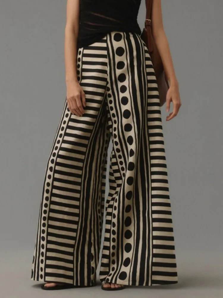 2026 Women's Fashion Polka-Dot Striped Wide Leg Pants Loose High Waisted Pockets Zipper Urban Casual Office Trousers Bottoms