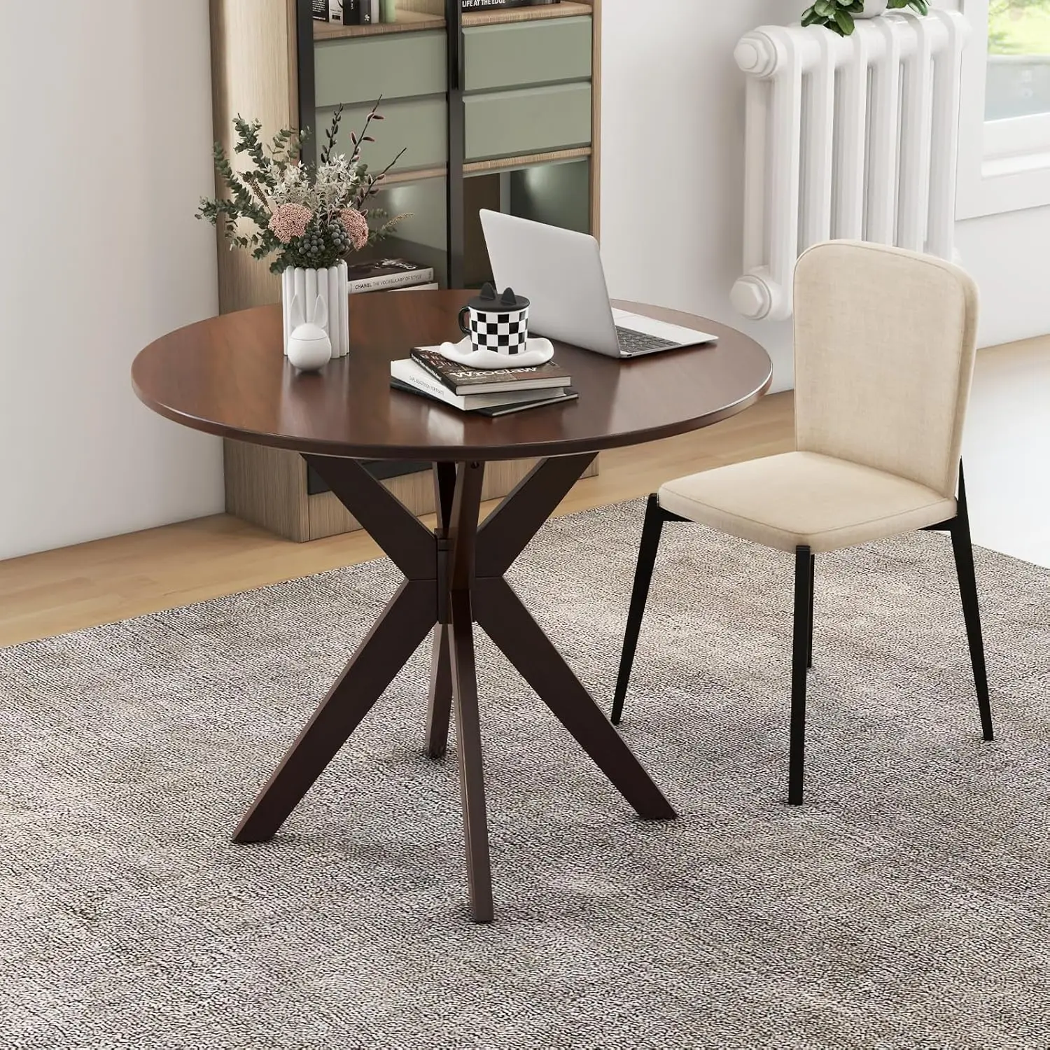 

Круглый обеденный стол на 4 персоны, 36 дюймов, с X-образной основой, из каучукового дерева, в стиле фермерского дома, отделка под орех