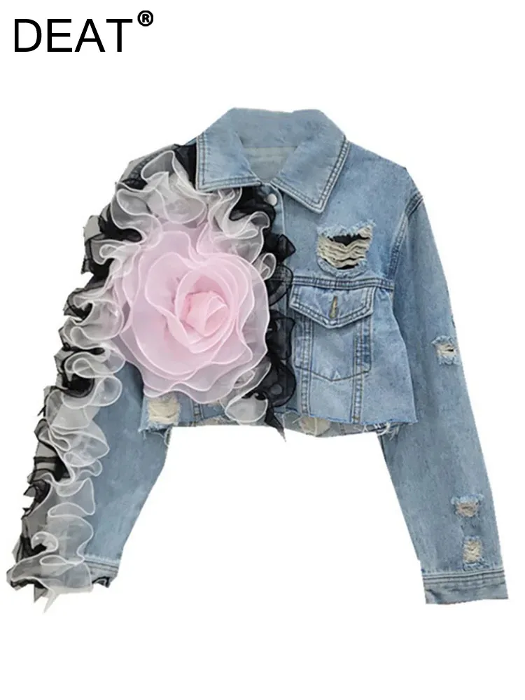 

DEAT WomenDenim Coats Broken Holes Spliced Pleated Mesh Flower Hollow Out Design Short Jackets 2024 Summer New Fashion 11A0281