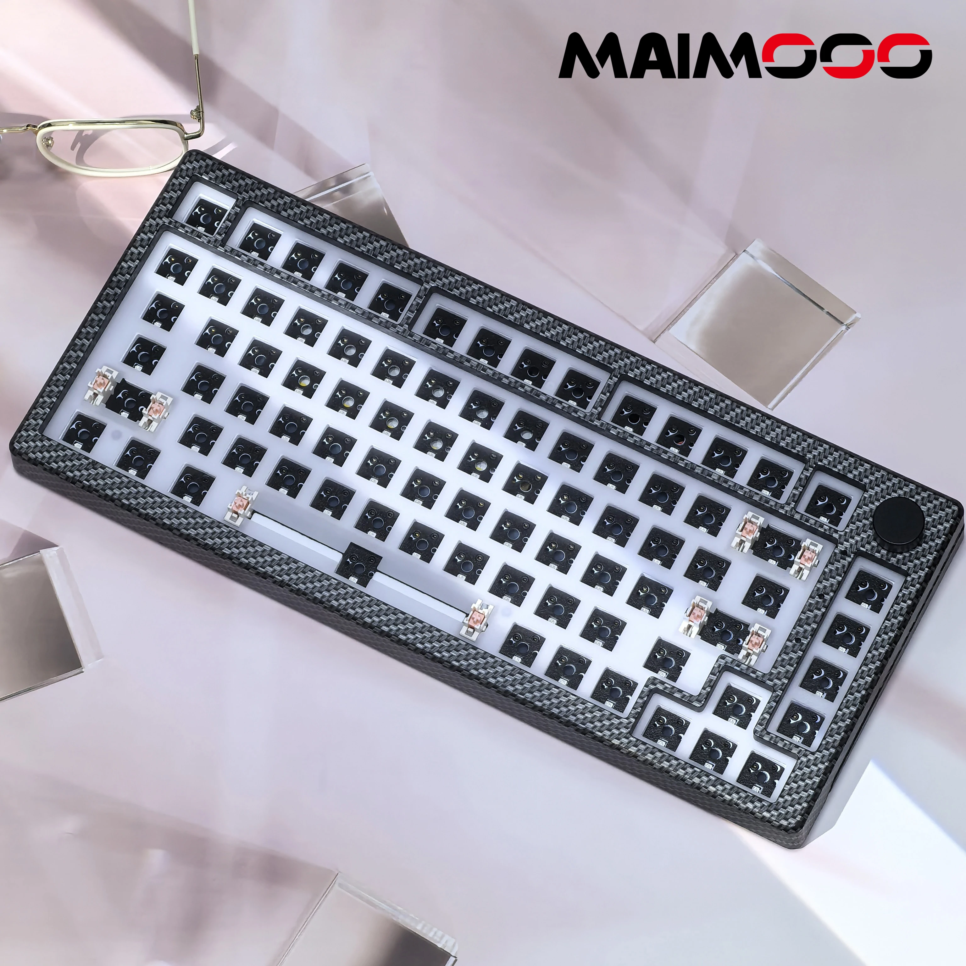 MAIMOOO Carbon Fibre Kit 3Mode 75% Layout Hot Swap 2.4G/BT/Wired Gasket Structure 82Keys Diy Mechanical Keyboard South Rgb Kit