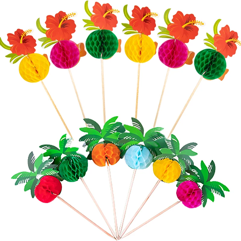 

50pcs Tropical Flower Coconut Tree Bamboo Pick Fruit Toothpick Summer Hawaiian Birthday Party Cupcake Topper Wedding Decoration