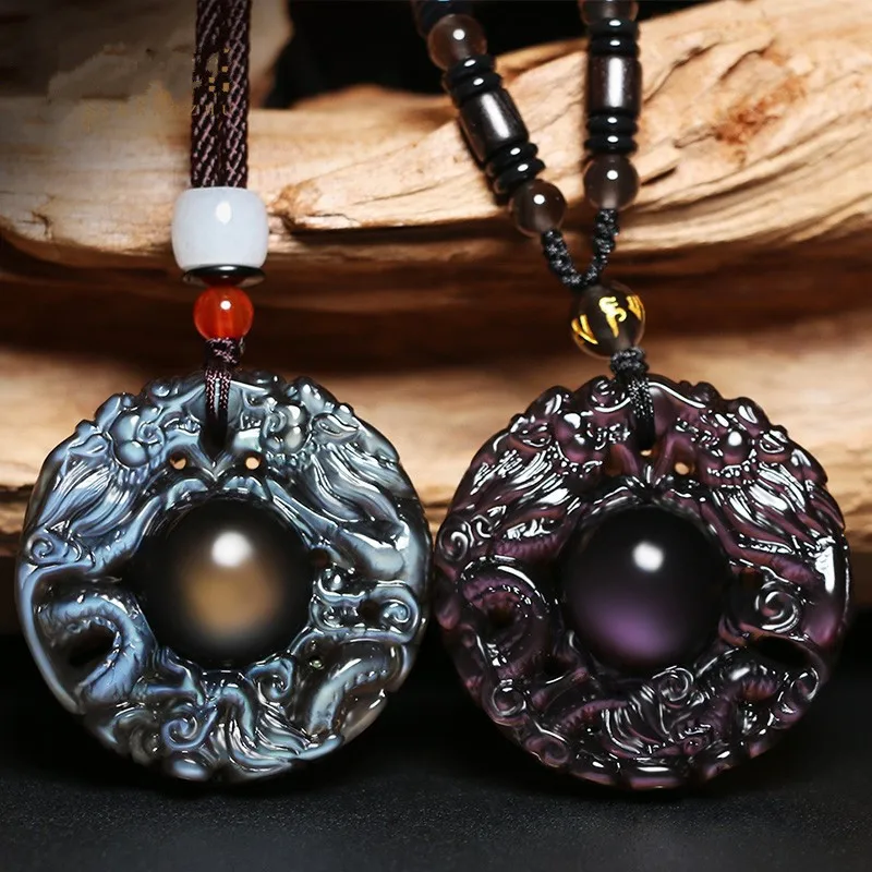 Genuine Obsidian Two Dragons Protecting Master Pendant Zodiac Pendant Necklace Men's Lucky Beads Gold Obsidian Men Charm Jewelry